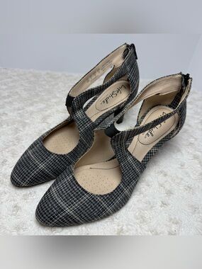 Life Stride Black & Gray Plaid Pointed T-Strap Heels with Back Zip